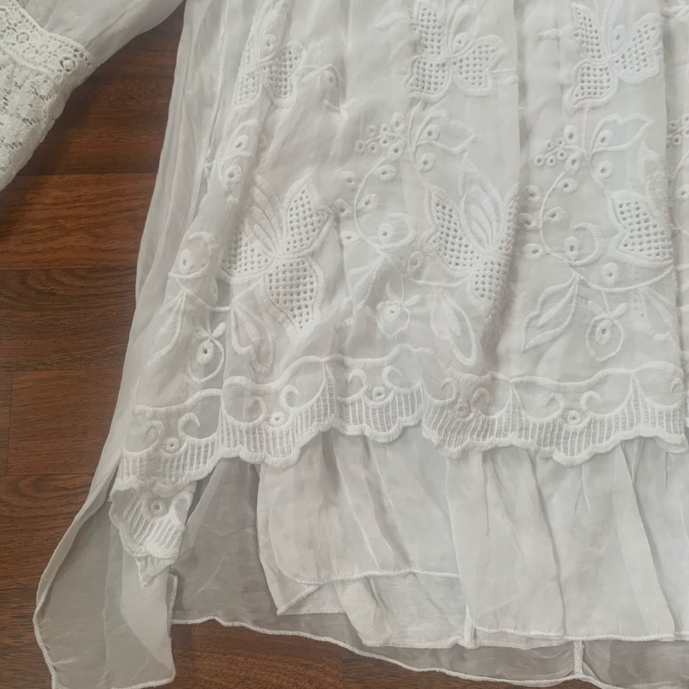 Tempo Paris New White Embroidered Silk Tunic Blouse Women’s 12 Layered Flowy - Picture 2 of 8
